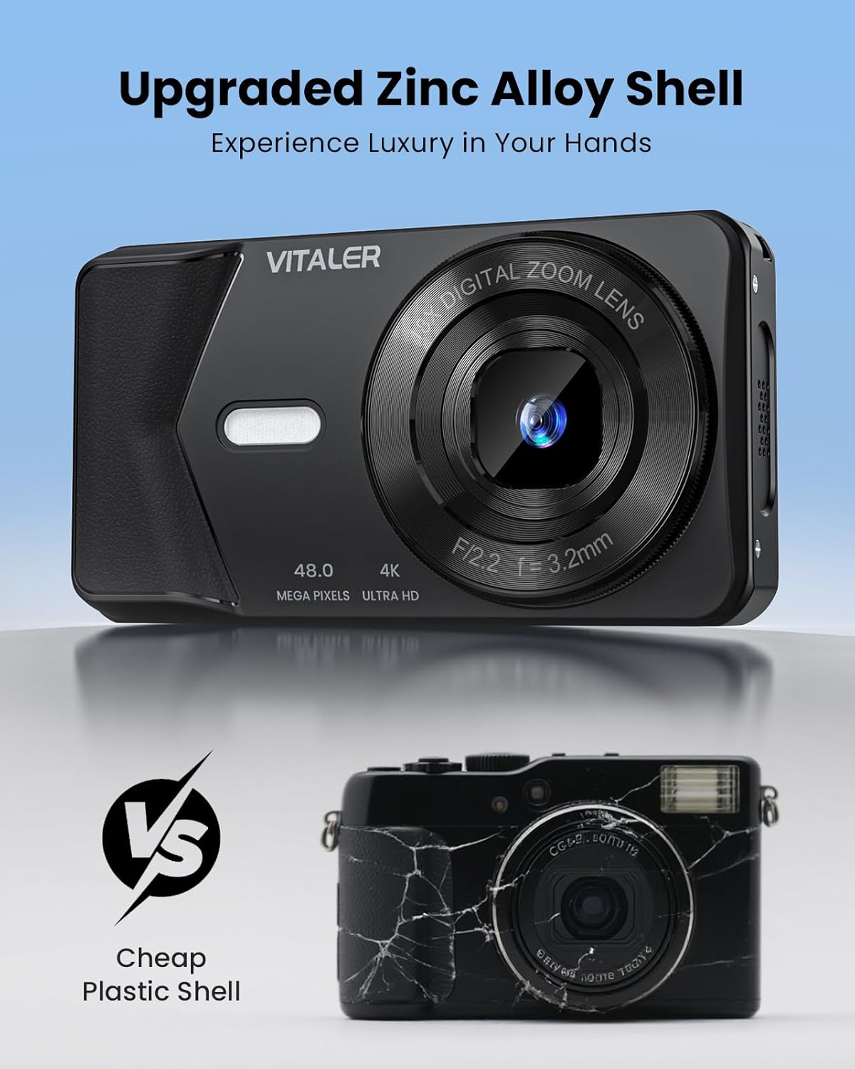 Digital Camera, Autofocus 48MP 4K Camera for Photography with 32GB Card, Portable Compact Point and Shoot Digital Camera for Teens Adult Beginner Kids with Metal Shell, 2000 mAh Battery