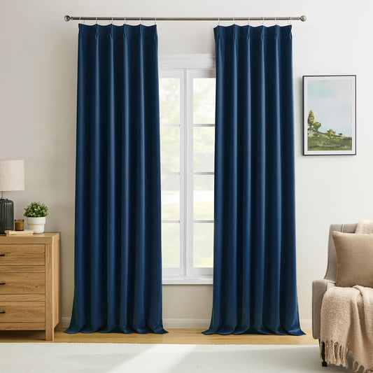 KEQIAOSUOCAI Pinch Pleated Curtains 100 Inches Long 2 Panels Set, Thermal Insulated Blackout Room Darkening Curtain for Bedroom,Window Draperies with Hooks(Navy Blue,40x100-inch)