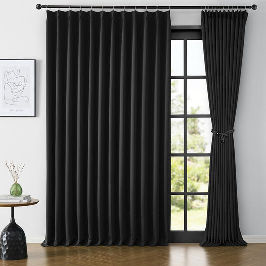 KEQIAOSUOCAI 80 Inch Wide Black Pinch Pleated Tall Curtains 80 x 144, Thermal Insulated Noise Cancelling Living Room Office Drapes 144 Inches Long, Patio Sliding Glass Door Window Curtain 2 Panels