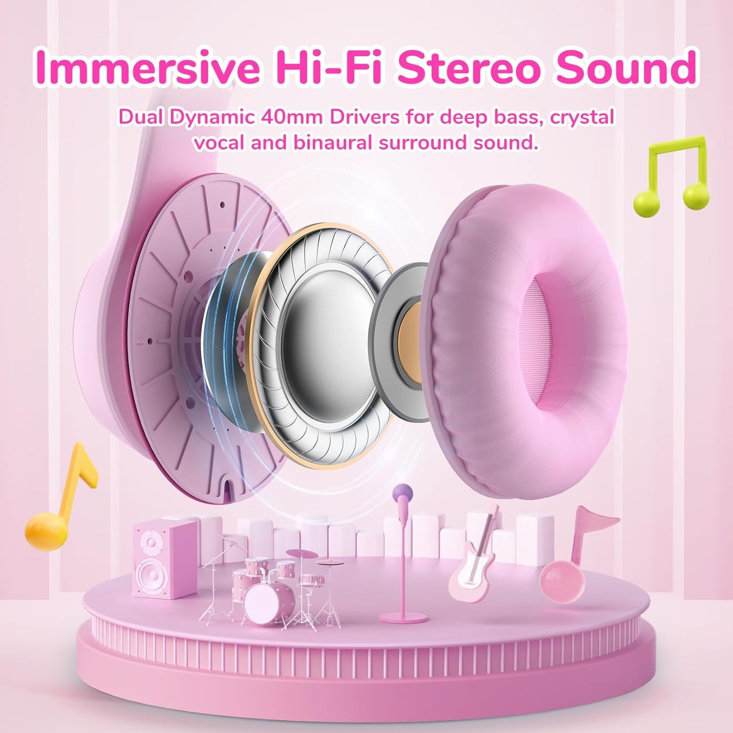 EarFun K3 Kids Headphones, Over Ear Headphones for Kids, Volume Limit, HD Stereo Sound, USB-C Cable, Comfortable Fit, Foldable Wired Headphones for School/Travel/Boys/Girls/Tablet/iPad, Pink