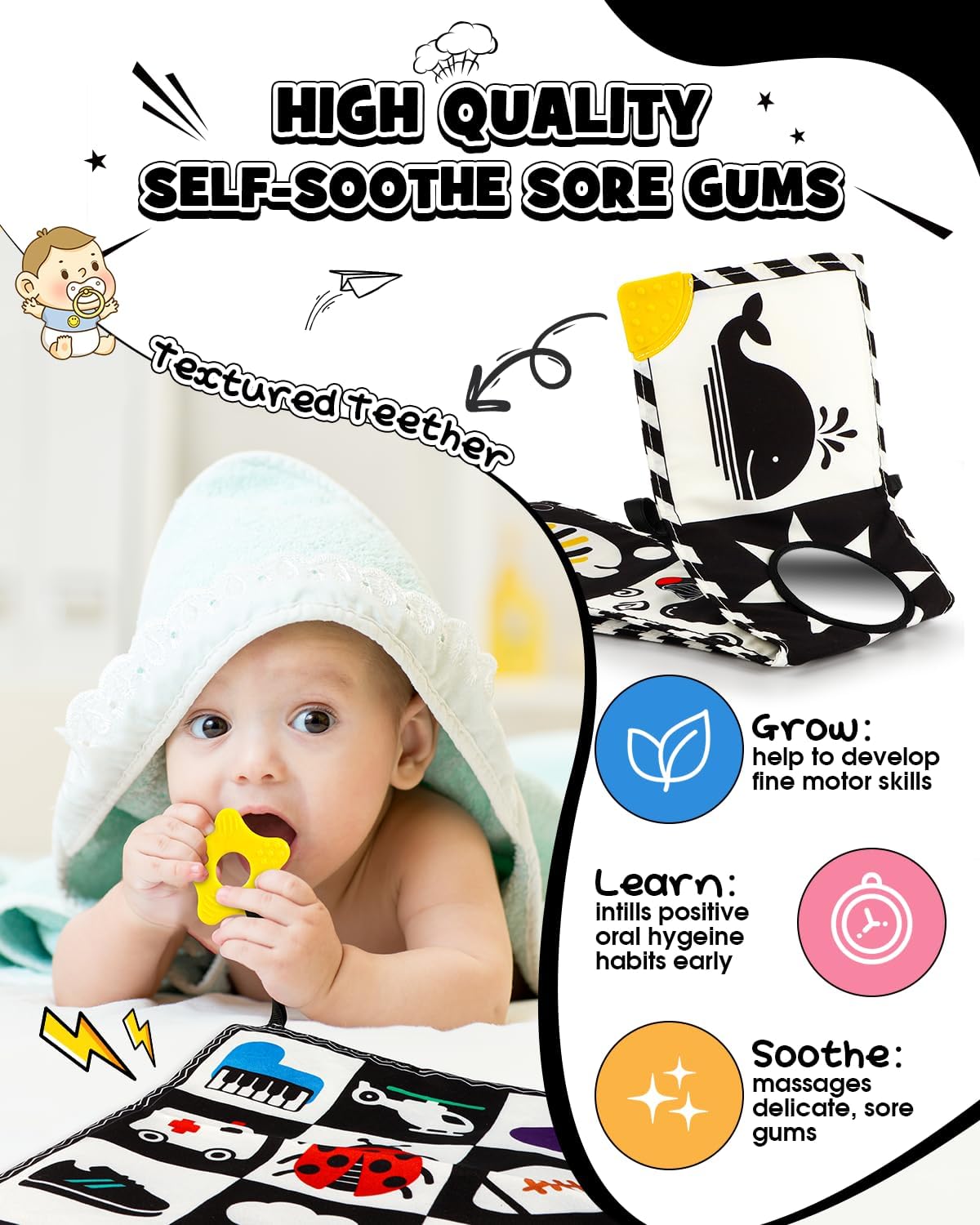 3 PCS Black and White High Contrast Baby Toys for Newborn, Montessori Toy Sensory Infant Tummy Time Toy Baby Essentials 0-6-12 Months Gifts