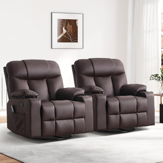 ANJ Swivel Rocker Recliner Chair Set of 2, Brown PU Leather, Manual 3-Position Reclining with Massage & Heat, Cup Holders for Living Room