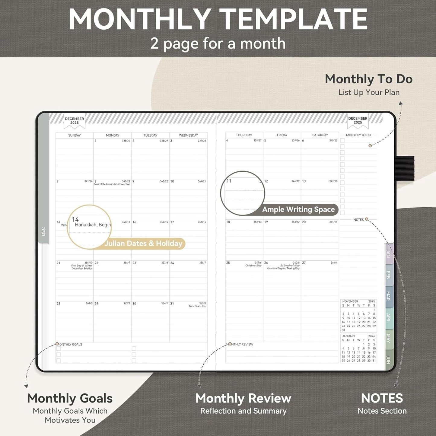 Getink Linen Cover 2025-2026 Planner Weekly & Monthly Daily Agenda Book,2025-2026 To Do List Notebook with Colorful Monthly Tabs, Inner Pocket, Elastic Closure (Black, 7.3 * 10)