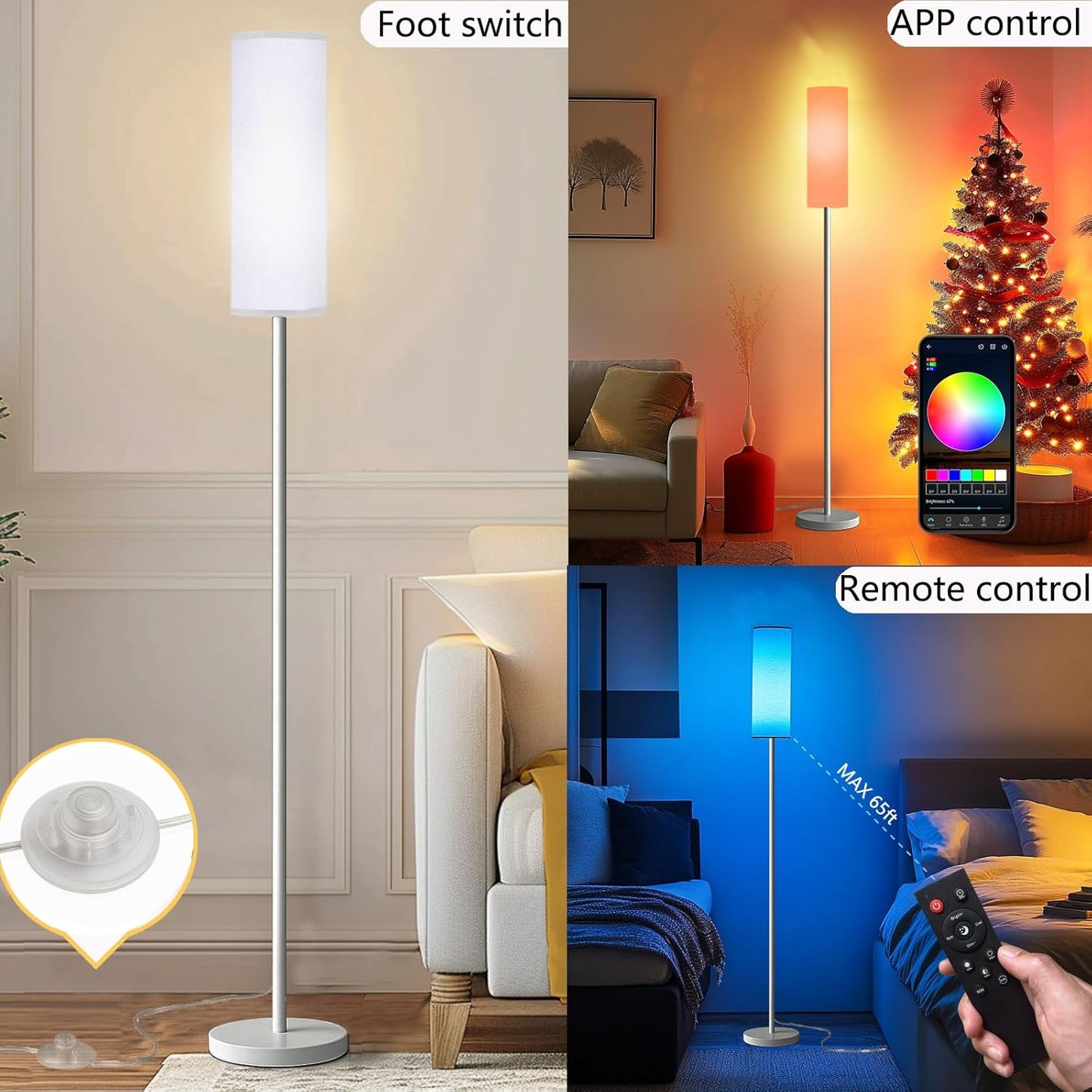 Smart LED Floor Lamp with APP Control & RGB Colors - Dimmable Standing Lamp for Living Room, Bedroom, Gaming - Remote, Timer, 9W Bulb Included, 67" Modern Tall Lamp (White)