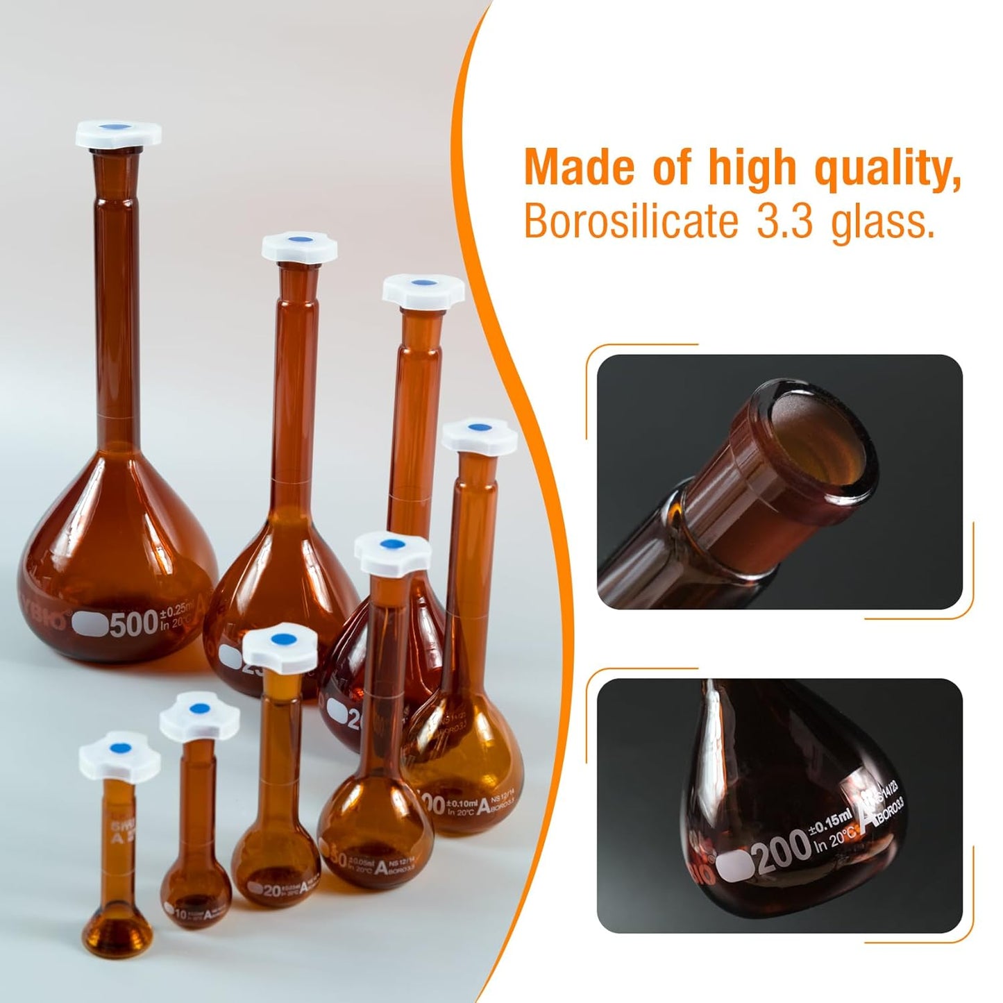 50ML Amber Volumetric Flask Set|ASTM Class A 3.3 Borosilicate Glass|Polypropylene Stopper|White Graduation|for Analytical Chemistry Work|2PCS