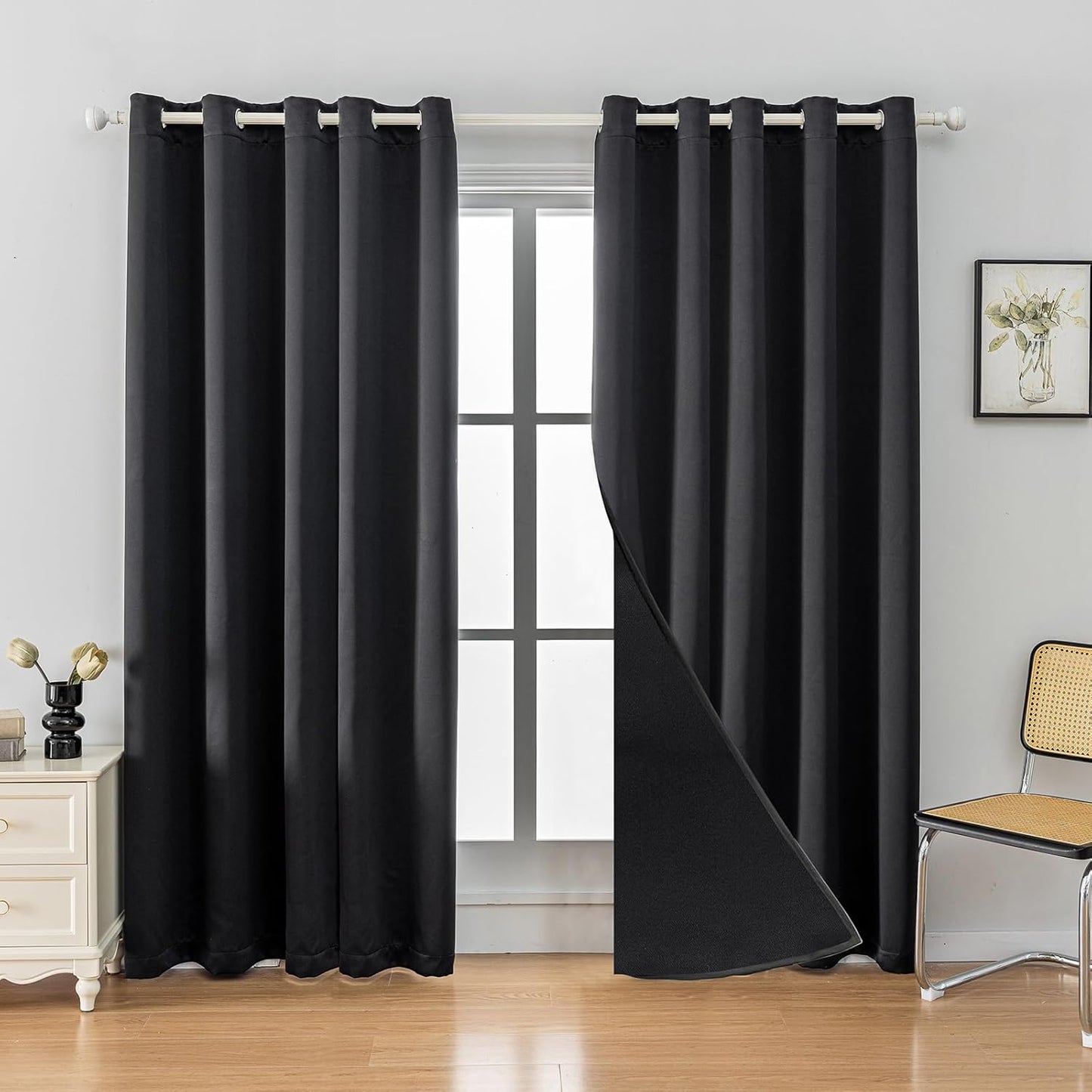 Anytime 100% Blackout Curtain Set, Thermal Insulated & Energy Efficiency Window Draperies for Guest Room, Full Shading Panels for Shift Worker and Light Sleepers（Black, 2 Panels, 70W x 108L）