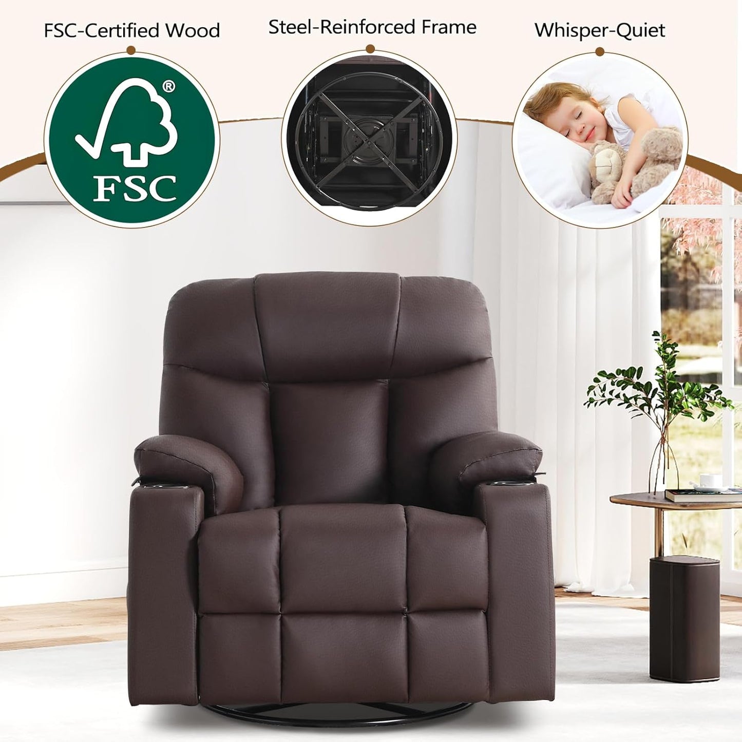 ANJ Swivel Rocker Recliner Chair Set of 2, Brown PU Leather, Manual 3-Position Reclining with Massage & Heat, Cup Holders for Living Room