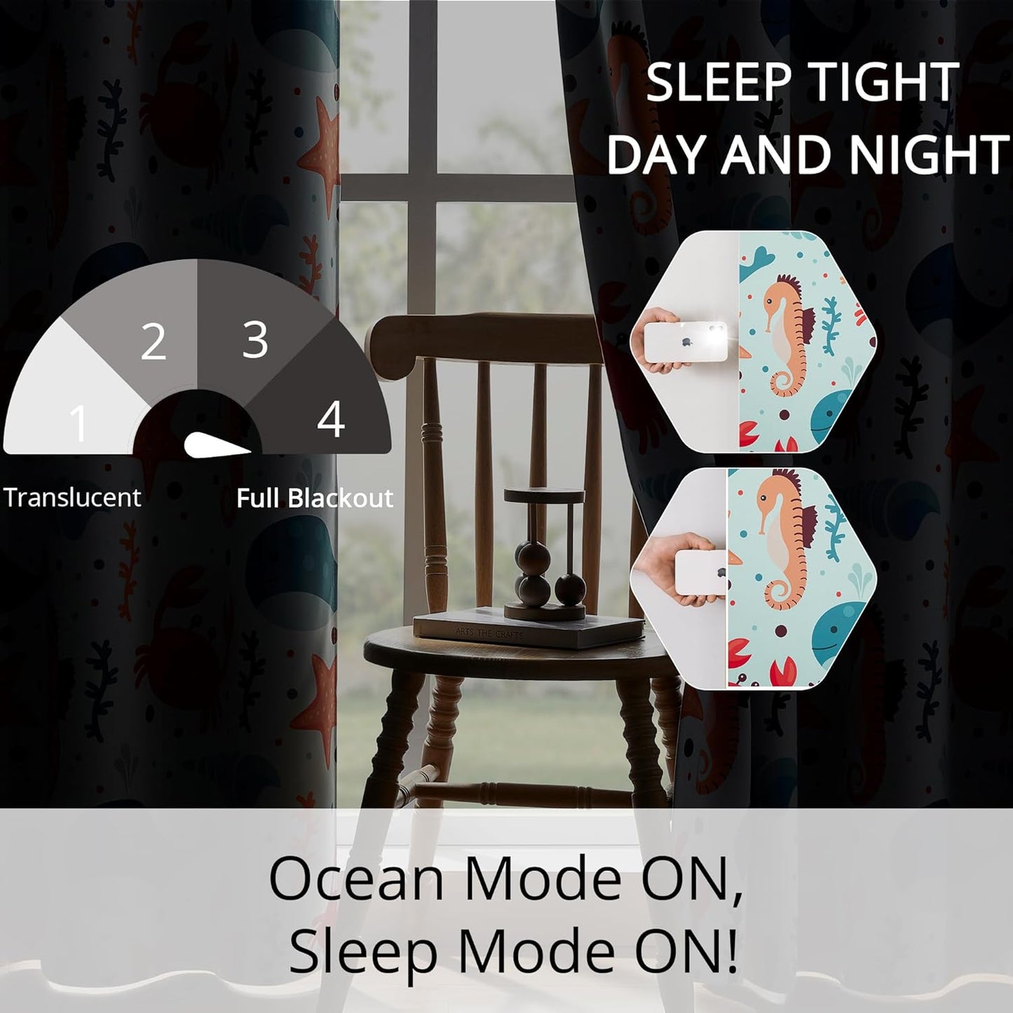 Kids Blackout Curtains - Ocean Whale Design, 100% Blackout, 2 Panels, Each W52×L84, Thermal Insulated for Bedroom, Noise Reducing, Excellent Colorfastness, Dive into an Underwater Adventure