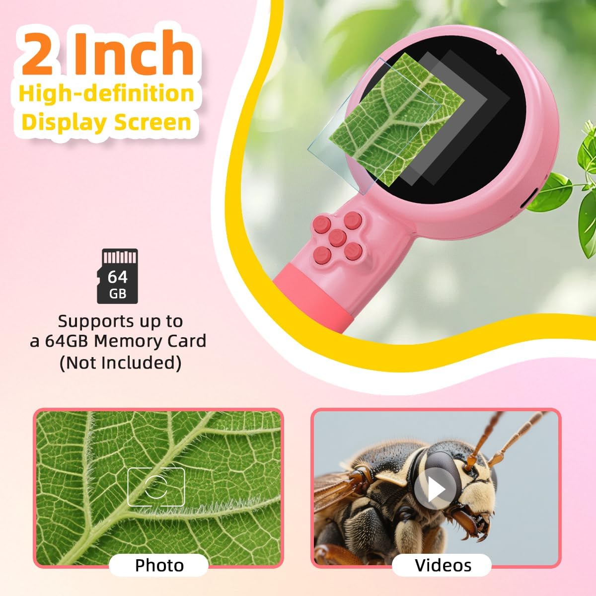 Kids Microscope with Bug Catcher Kit, 1080P Digital Mini Handheld Microscope STEM Science Toy with LED Light, Rechargeable, Portable, Supports 64GB TF Card, Educational Gift for Kids Ages 3-12 (Pink)