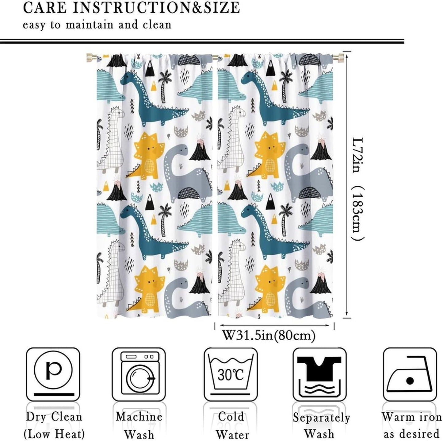 Kids Dinosaur Curtains for Boy Girl Bedroom Decor Cartoon Dino Colorful Cute Funny Wildlife Animal Printed Blackout Rod Pocket Window Drapes for Baby Nursery Playroom Living Room W31.5xL72in 2 Panels