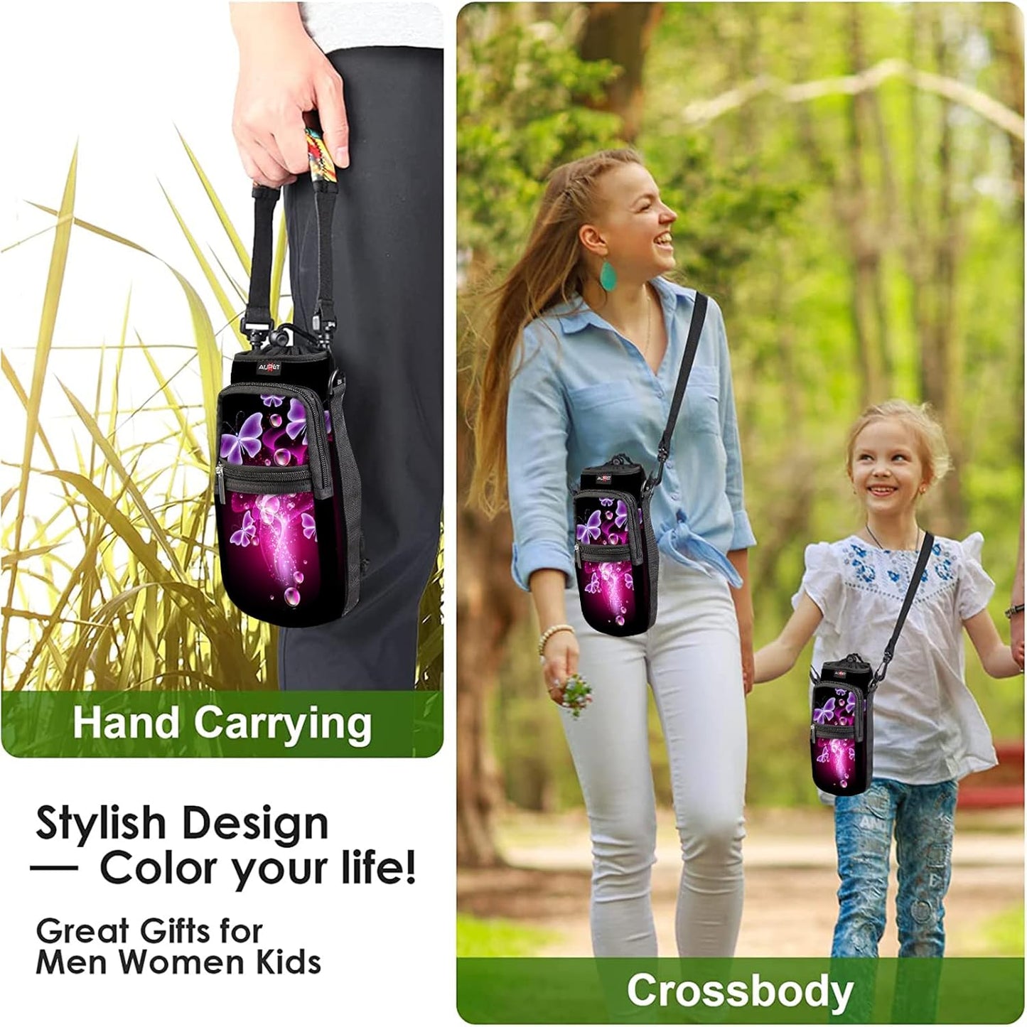 AUPET Water Bottle Sling Bag Sleeve Holder Carrier 25/32/40/64 oz,Insulated Crossbody Water Bottle Case Cover with Strap and Pockets for Men/Women Walking Hiking