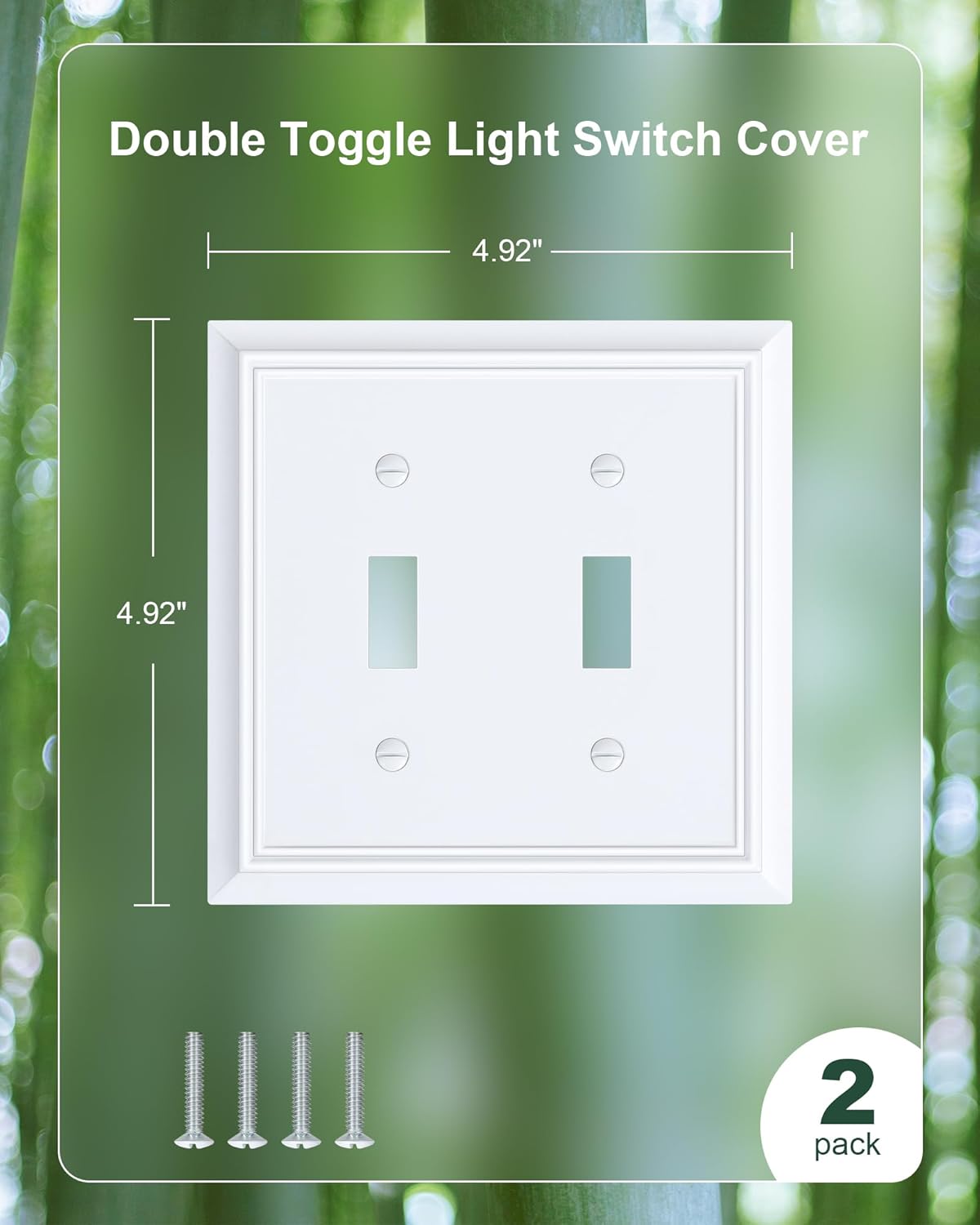 2-Pack Double Toggle Light Switch Cover Plate, Durable Natural Bamboo Fiber Decorative Switch Plate Covers, Pure White 2 Gang Wall Plate, Corrosion Resistant
