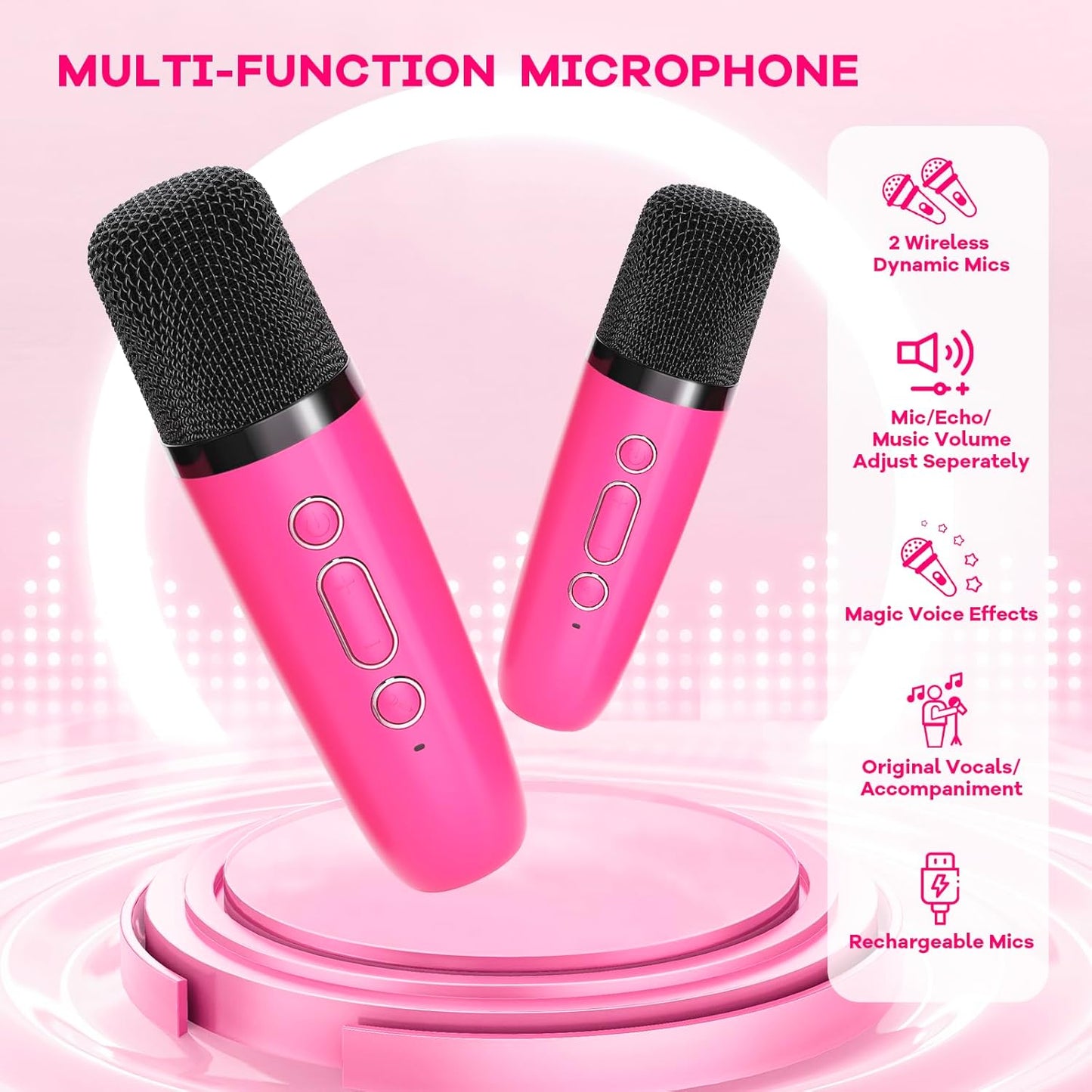 YLL Mini Karaoke Machine for Kids Toys, Portable Bluetooth Speaker with 2 Wireless Microphones, Birthday Gifts for Girls 3, 4, 5, 6, 7, 8, 9, 10, 11, 12+ Years Old Toddler Teens (Hotpink)