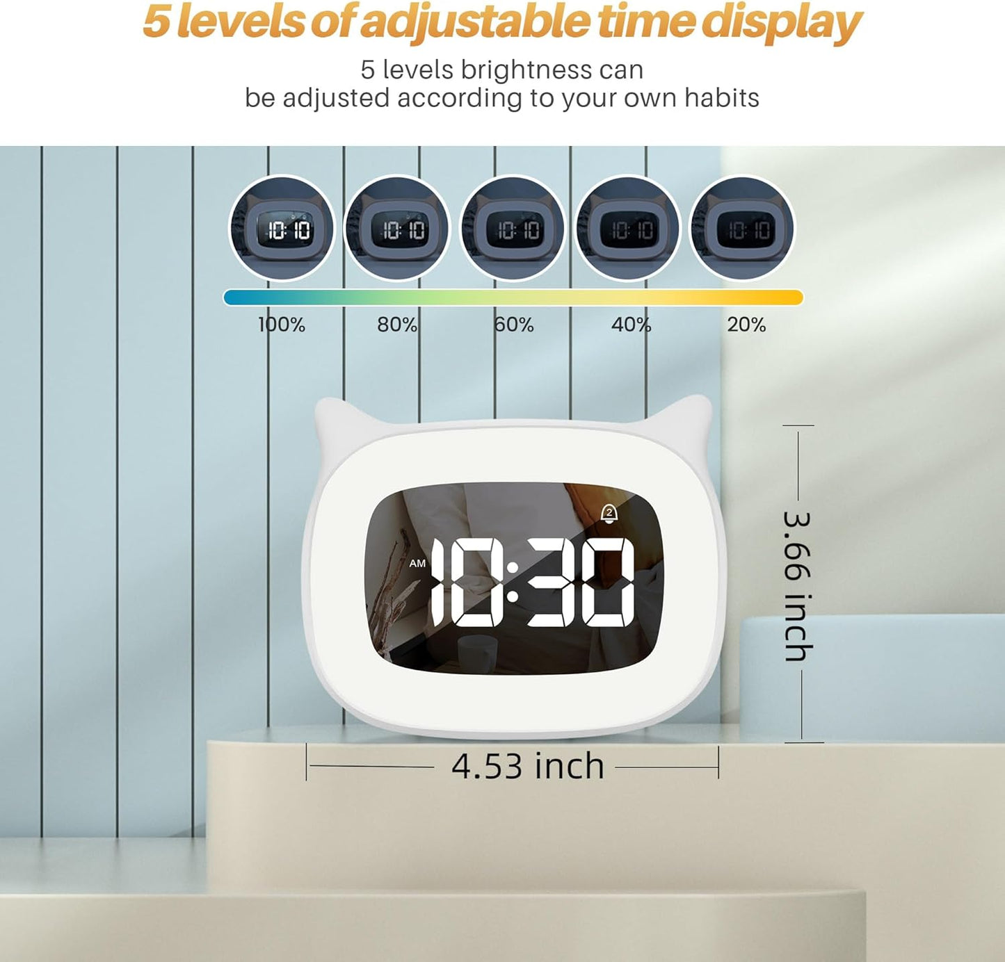 Kids Alarm Clock with Night Light & 18 Ringtones,Rechargeable,Cute Cat Ear Clock for Boys Girls Birthday Presents,Digital Clock for Children's Bedroom(White)