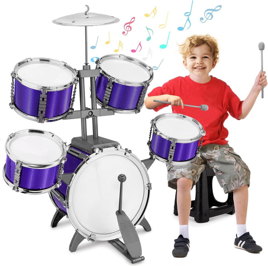 Kids Jazz Drum Set Rock Kit Toys for 3-7 Year Olds - 5 Piece Toddler Band Musical Instrument Educational Percussion Birthday Playset