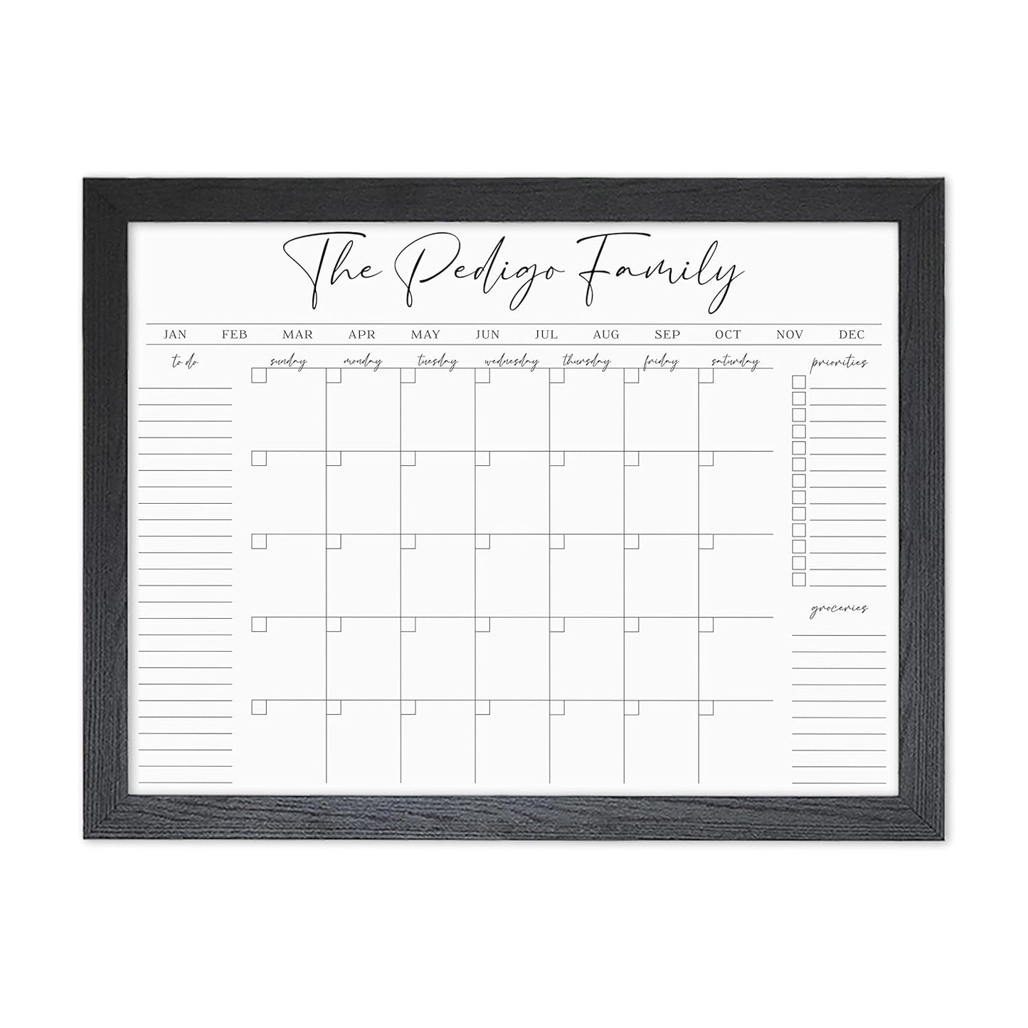Personalized Dry Erase Wall Calendar with Custom To do list and Notes Organization Sections | Large Whiteboard Calendar (24" W x 18" H, Black Frame)