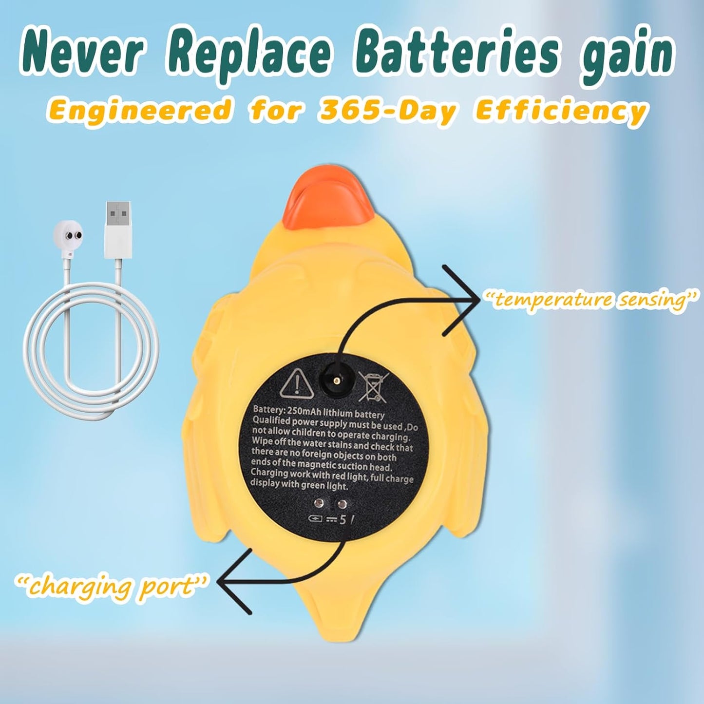 TKY Big-Eye Duck Baby Bath Thermometer - Digital Water & Room Temp Monitor with LED Alerts, Floating Bath Safety Essential for Newborns, Infants, Toddlers (Rechargeable, IP67 Waterproof)