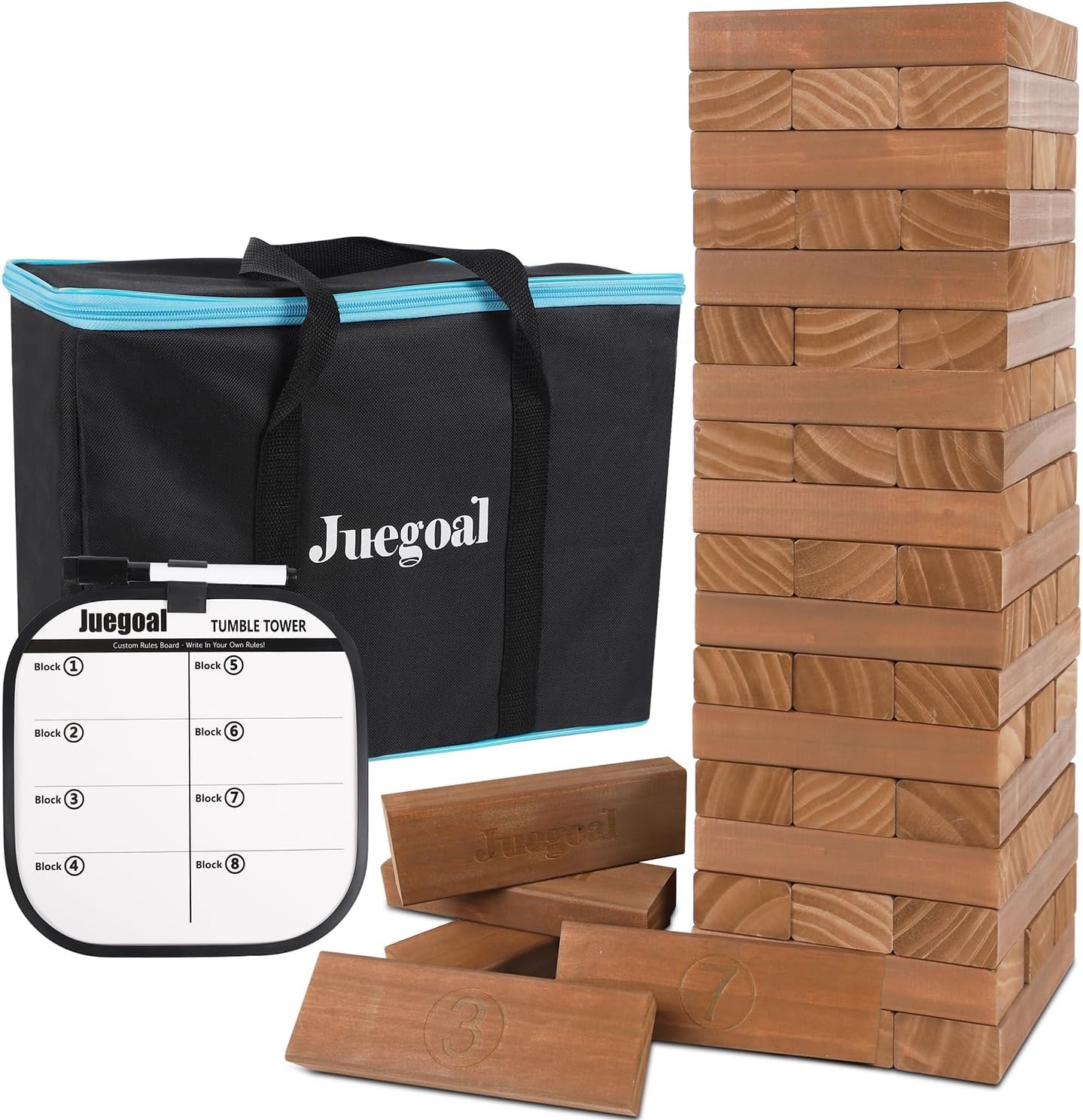 Juegoal 54 Piece Giant Tumble Tower Brown for Adult Kids Family, Wooden Block Stacking Game with Gameboard & Canvas Bag, Outdoor Games for Backyard Lawn Party Playing, 6.9 x 6.9 x 24 Inches,X-Large