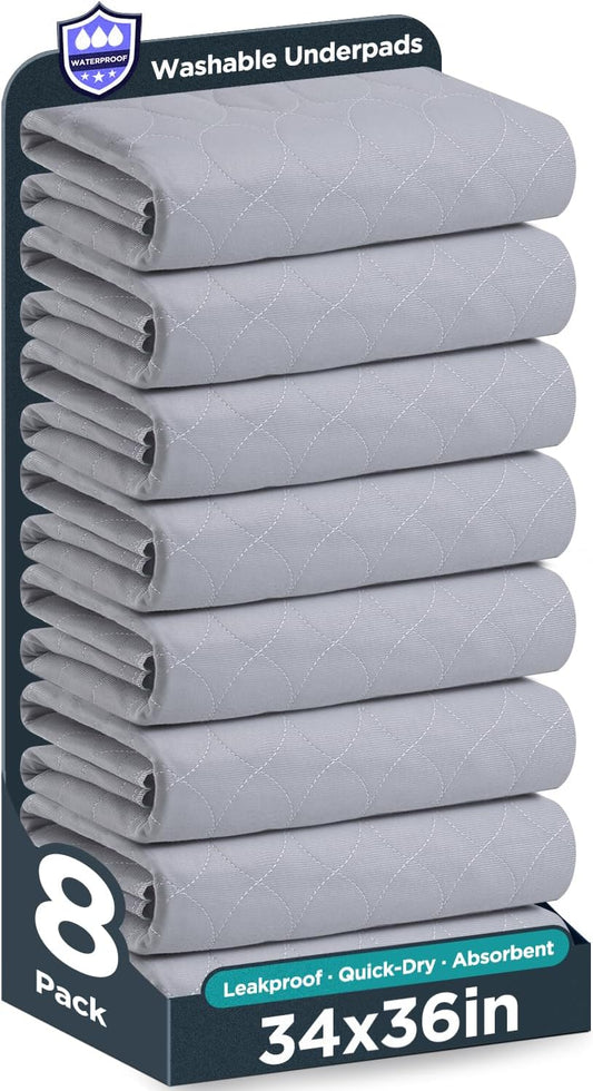 Washable Bed Pads 34" x 36" - 8 Pack, Grey, Waterproof Bed Pads for Incontinence, Bed Wetting Pads for Bed, Sofa, Floor, Resuable Underpads for Adults, Seniors, Pet