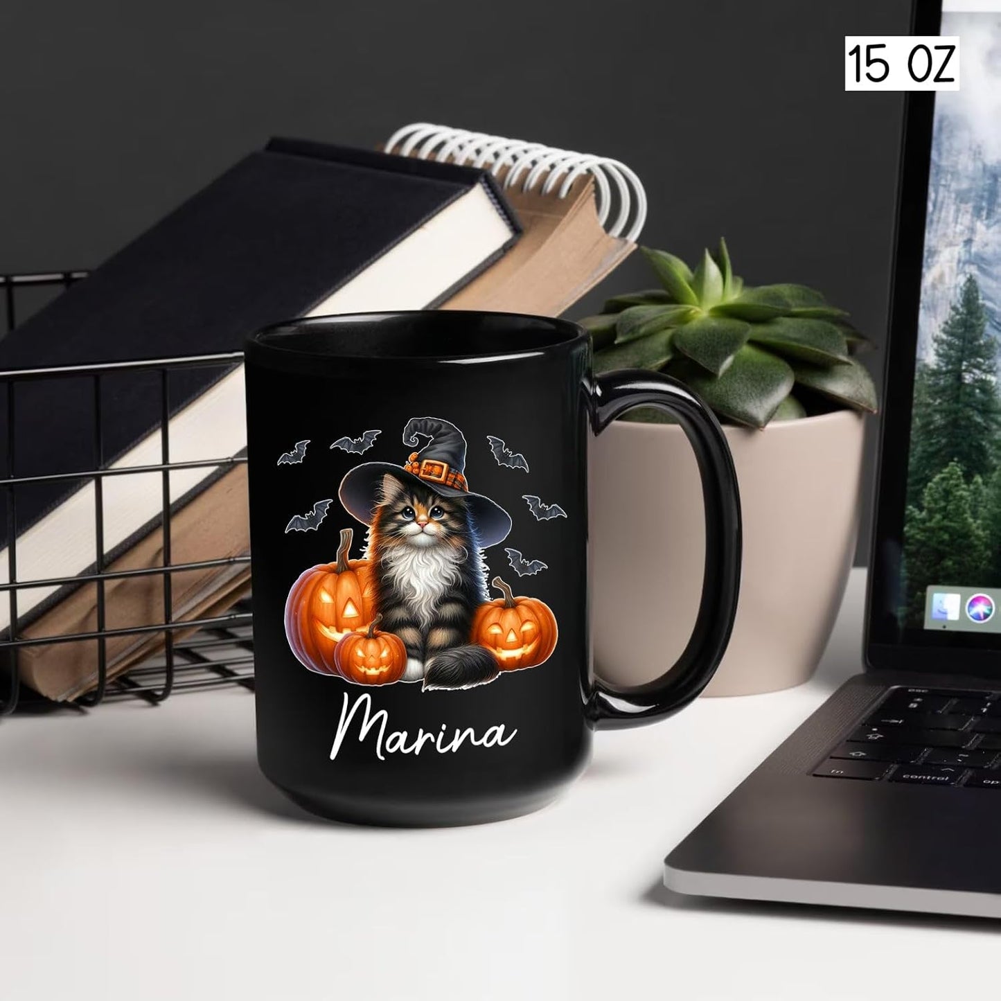 Personalized Name Norwegian Forest Halloween Coffee Mug, Custom Norwegian Forest Witch Hat Ceramic Cup, Cat with Pumpkins Mug 11oz 15oz, Halloween Cat Black Cup Gift for Boy Girl Pet Owner