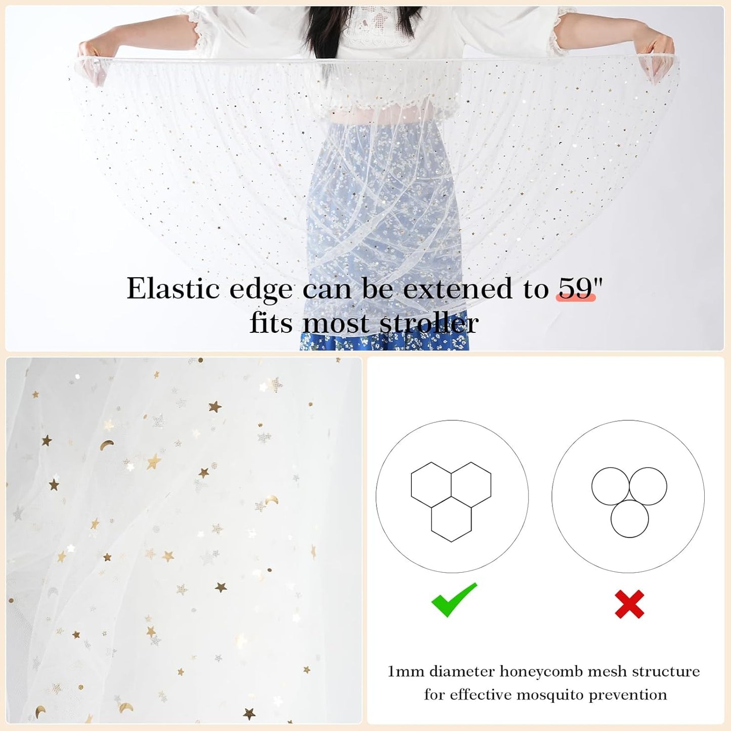 Baby Mosquito Net for Stroller, Perfect Bug Net for Stroller/Bassinets/Cradles/Playards/Pack N Plays and Portable Mini Crib, Durable Baby Insect Netting, White Star