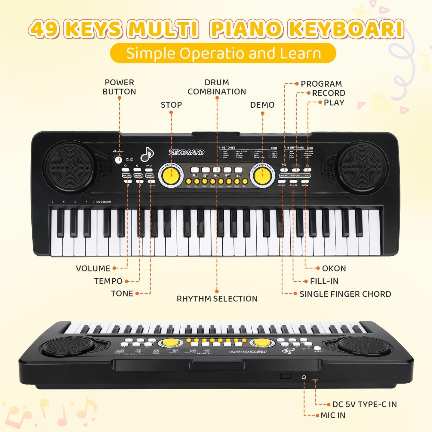 Kids Piano Keyboard Toy with Mic – 49 Keys Portable Electronic Piano for 3 4 5 6 7 Girls Boys Beginners Birthday Xmas Gifts, Black
