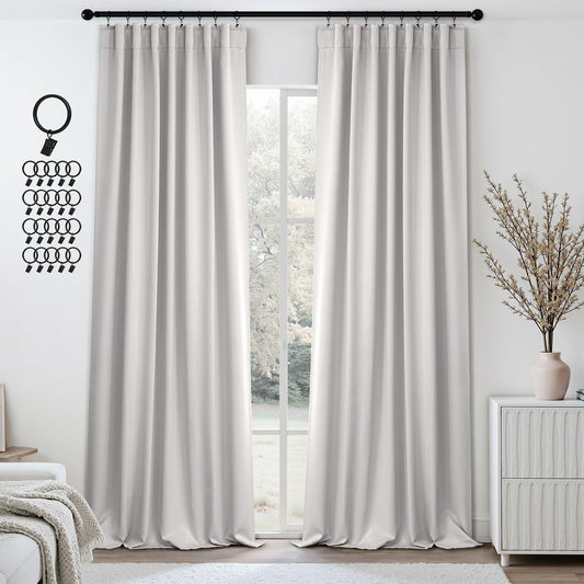 ANRODUO Back Tab Blackout Curtains for Bedroom Living Room, Rod Pocket Pinch Pleated Thermal Insulated Room Darkening Curtains 96 Inches Long 2 Panels, Greyish White, 42 x 96 Inch