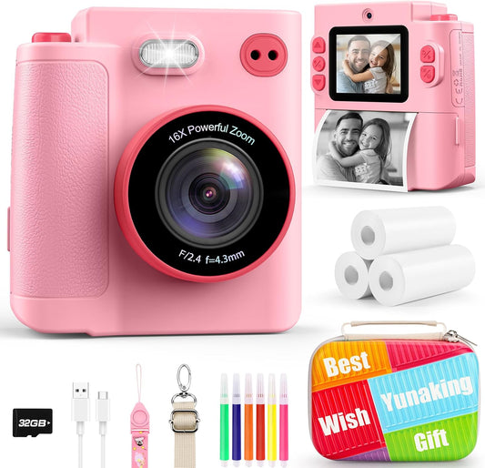 Gift for 3-12 Year Old Girls: Kids Camera Digital Instant Print 1080P Dual Camera Toys Birthday Christmas Valentines Gifts for Kid Girls Boys Ages 3 4 5 6 7 8 9 10 with 32G SD Card Storage Bag Pink