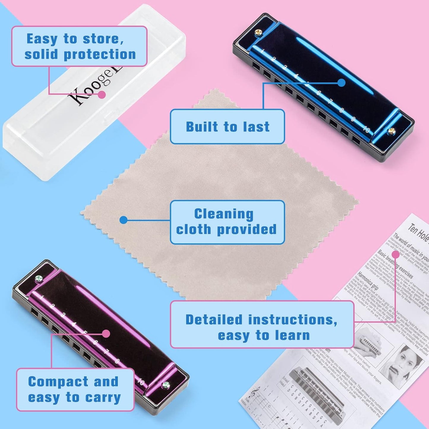 Koogel Kids Harmonica Set, Pink and Blue 10 Hole Distonic Harmonica Key of C Music Instruments for Beginners