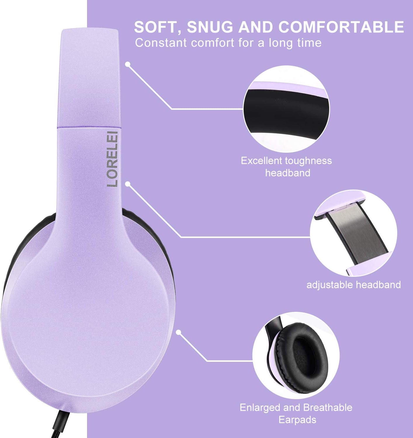 Lorelei X6 Over-Ear Headphones with Microphone, Purple-Black Lightweight Foldable & Portable Stereo Bass, Wired for Smartphone & Tablet, MP3 (1.45M No-Tangle)