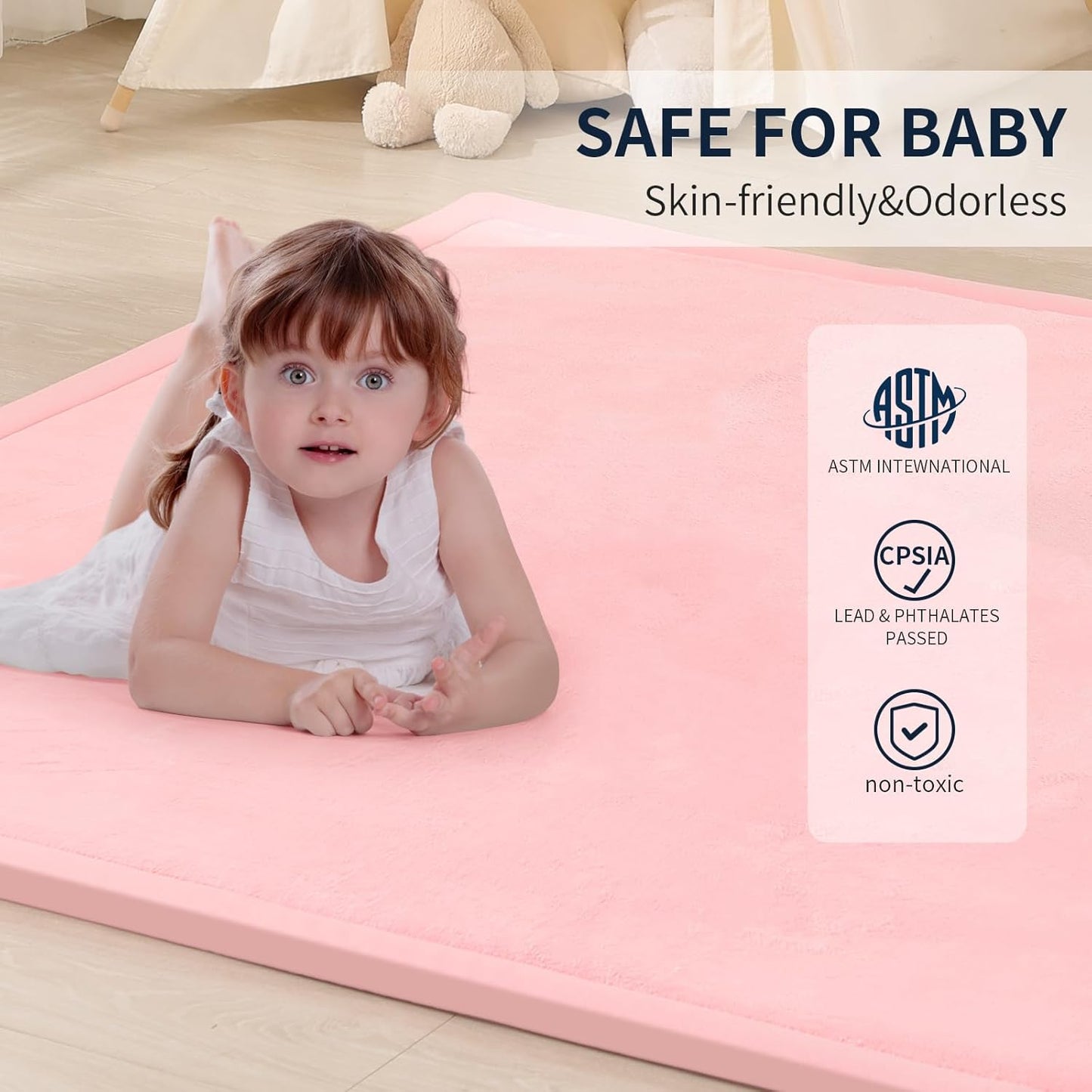 ACOMOPACK Baby Play Mat for Floor 1.3" Thick Memory Foam Play Mat 79"×157" Tummy Time Crawling with Non-Slip Bottom for Living Room,Nursery,Soft Velvet Playpen Mats for Kids,Infants（Pink）