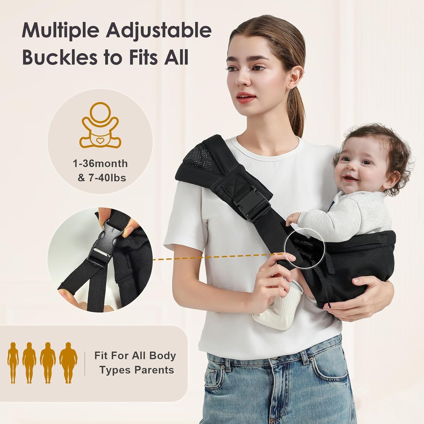 Toddler Sling Carrier, Easy to Wear Baby Carrier Sling 7-40 lbs, Adjustable Lightweight Baby Wrap Sling, Perfect Toddler Hip Carriers One Size Fits All, Black