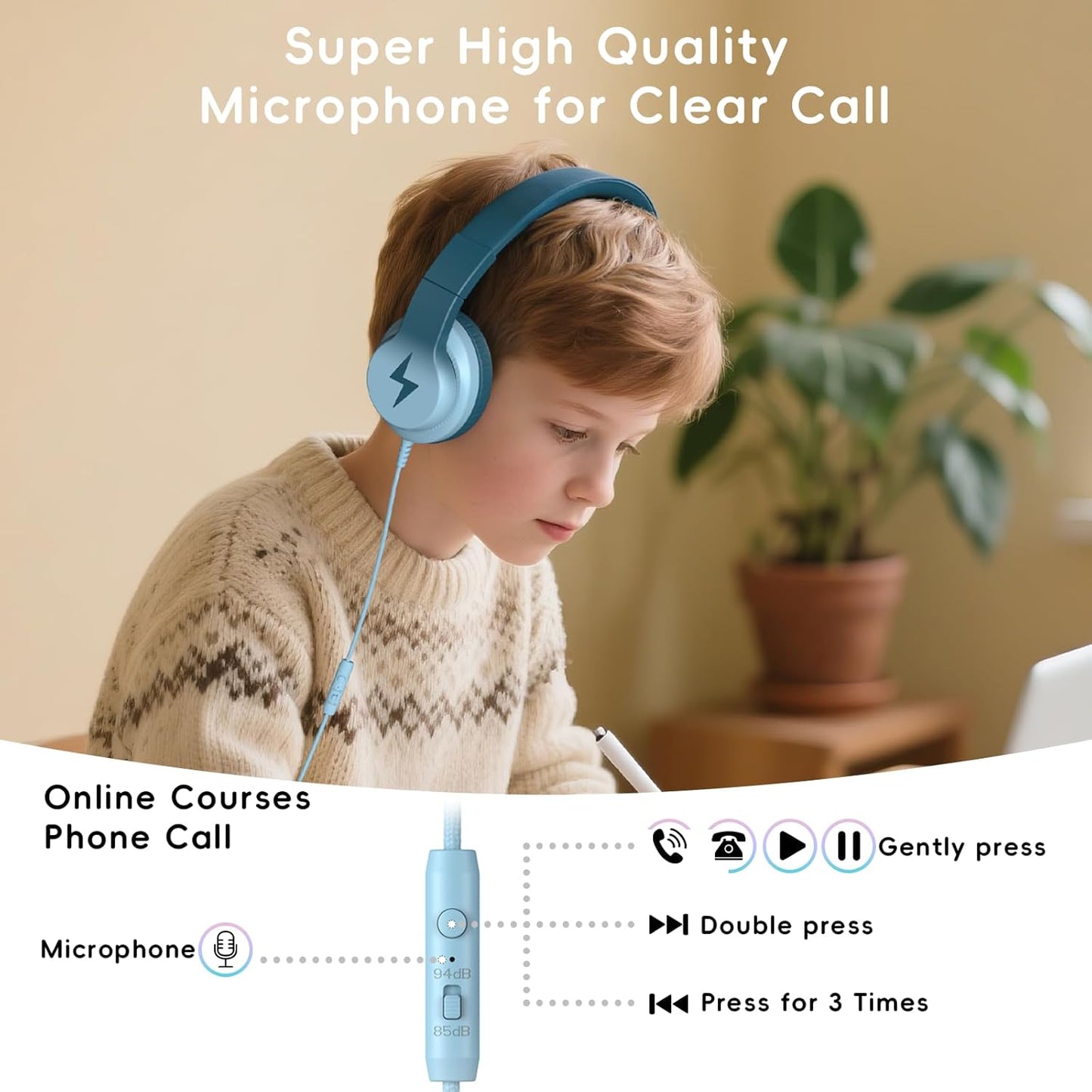 Kids Headphones, Wired Headphones for Kids Over Ear with Microphone, 85/94dB Volume Limiter Headphone for Girls Boys, Foldable Headphone for Learning & Entertainment, Gradient Green