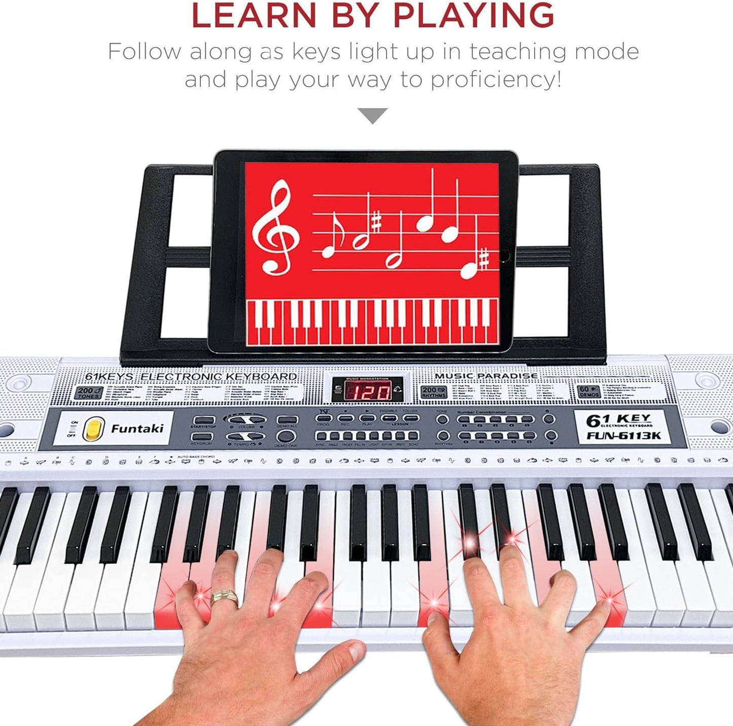 61 Key Electric Piano Keyboard with Lighted Keys, Digital Portable Keyboards with Sheet Music Stand, Mini Music Keyboard Pianos for Beginners Kids Adults, White