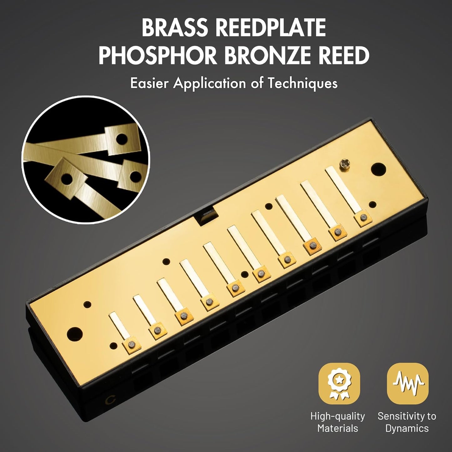 CONJURER Blues Harmonica for Beginners & Kids, 10 Hole C Key Diatonic Blues Harp with Stainless Steel Cover & Phosphor Bronze Reeds, Professional Grade for Adults, Students, Gifts (Black C)