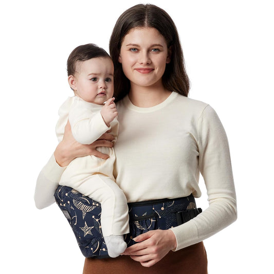 Momcozy Hip Seat Baby Carrier - Adjustable Waistband with Original 3D Belly Protector, Ergonomic Carrier with Various Pockets for Newborns & Toddlers up to 45lbs (Starry Sky, Large)