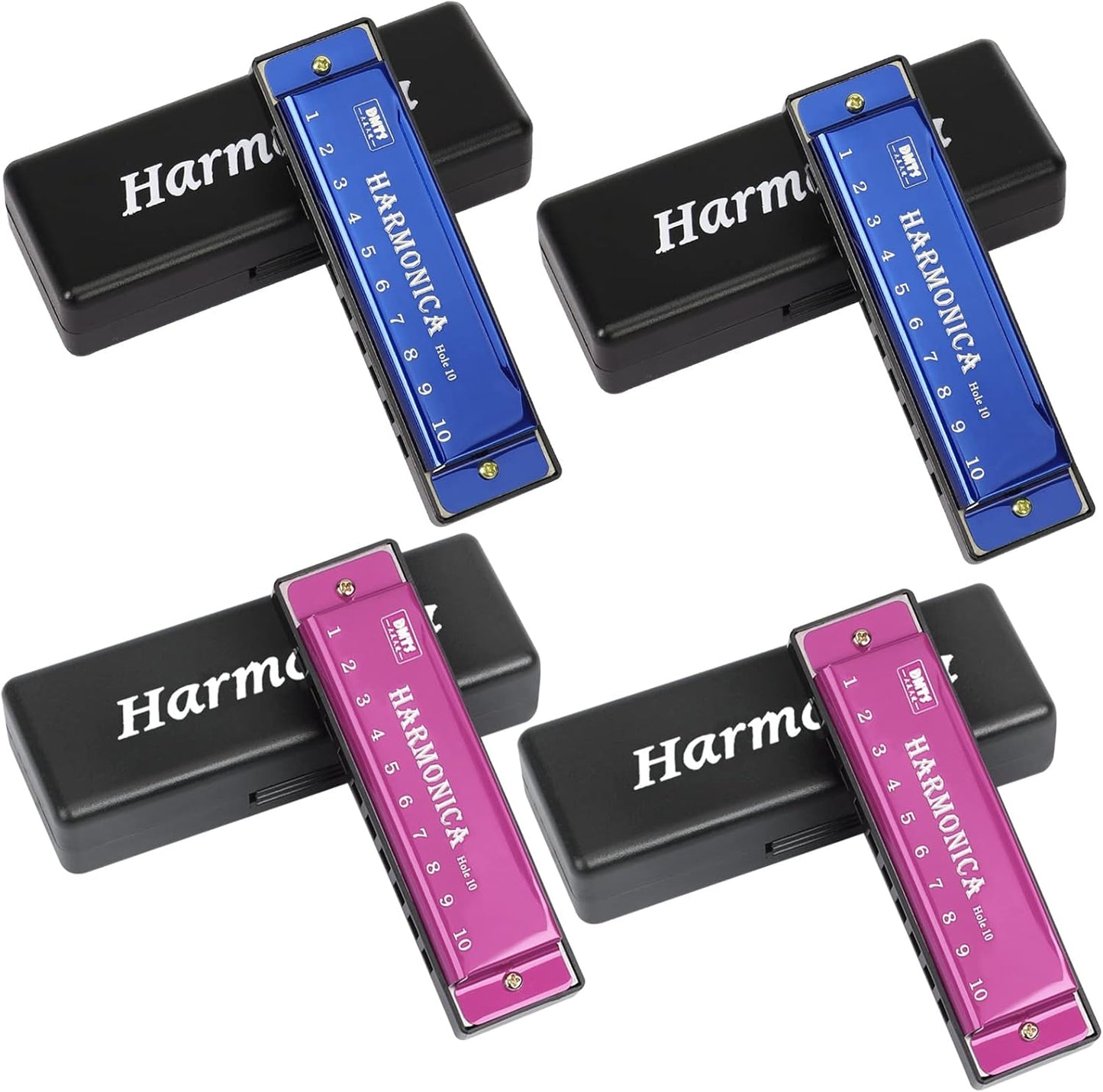 UPINS Harmonica, 4PCS Key of C 10 Hole 10 Tones Titanium Color Harmonica with Case for Beginner Students (Pink, Blue)