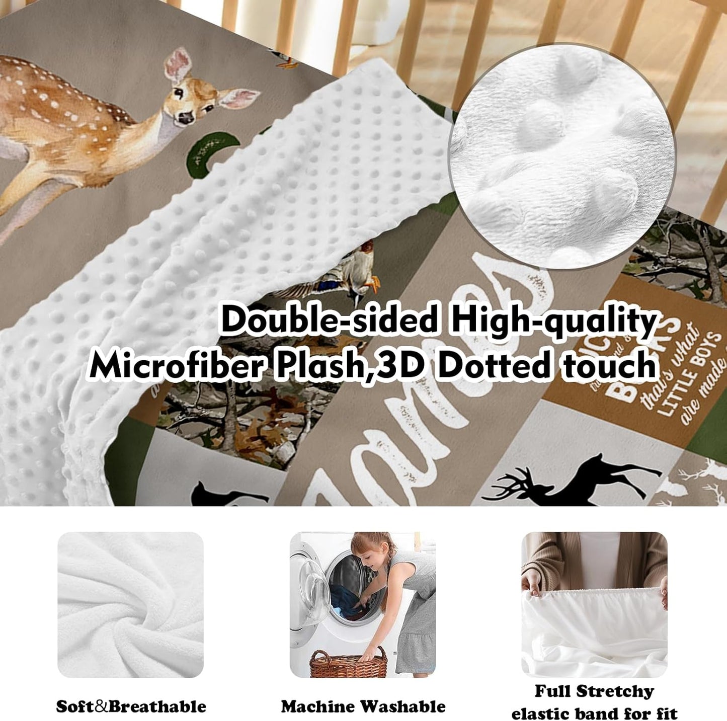 Personalized Baby Crib Bedding Set, 5-Piece Multi-grid Pattern Baby Crib Sets with Custom Name, Toddler Double Layer Blanket Fitted Sheets Changing Pad Cover Rug Wall Art Set, Charming Nursery Decor