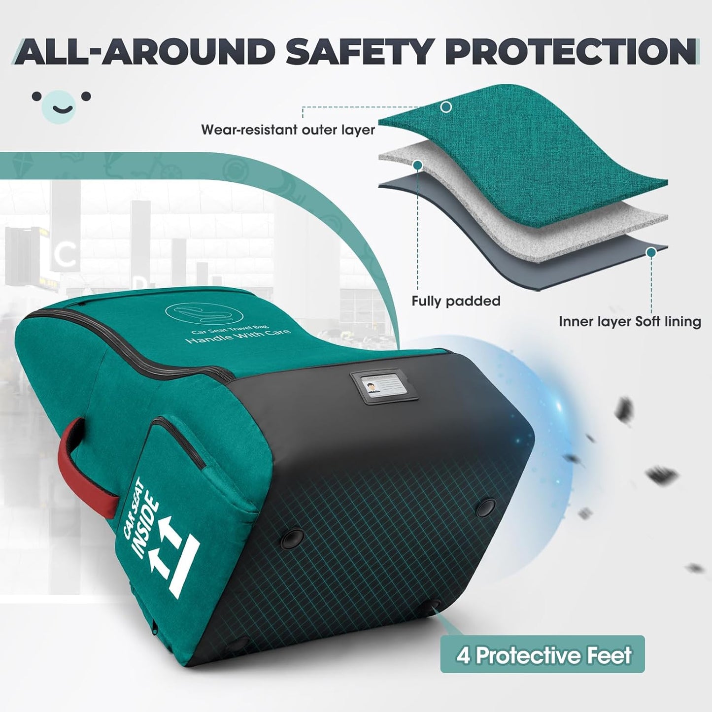 RAINSMORE Padded Car Seat Travel Bag for Airplane Heavy Duty Car Seat Backpack for Air Travel Baby Carseat Cover Bags for Airport Large Car Seats Carrier Fits Car Seats & Booster Seats, Green