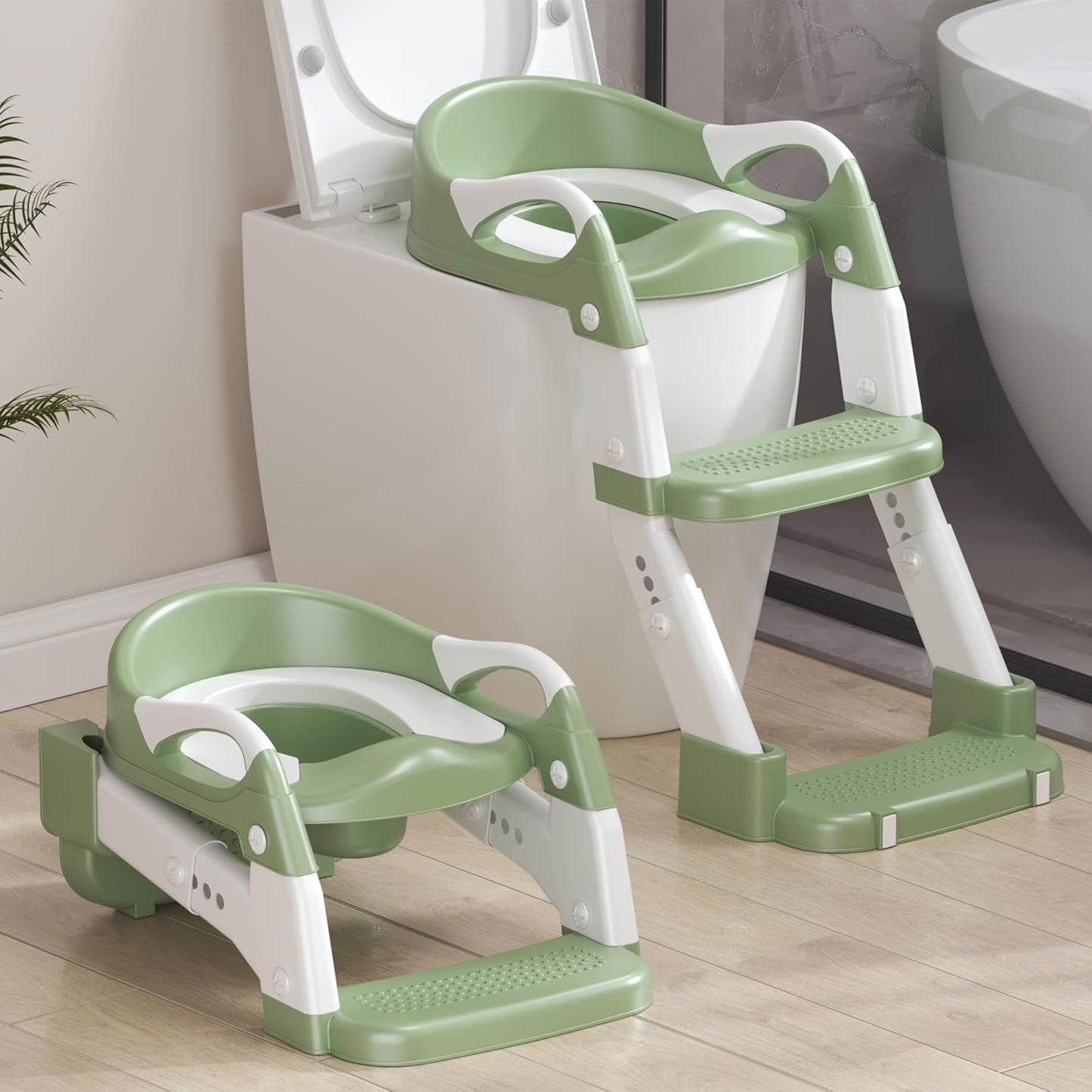 2-in-1 Toddler Potty Training Toilet Seat with Step Stool Ladder – Adjustable Height Potty Chair Urinal for Baby Boys Girls Age 1-3, Foldable Training Potty with Splash Guard & Anti-Slip Feet, Green