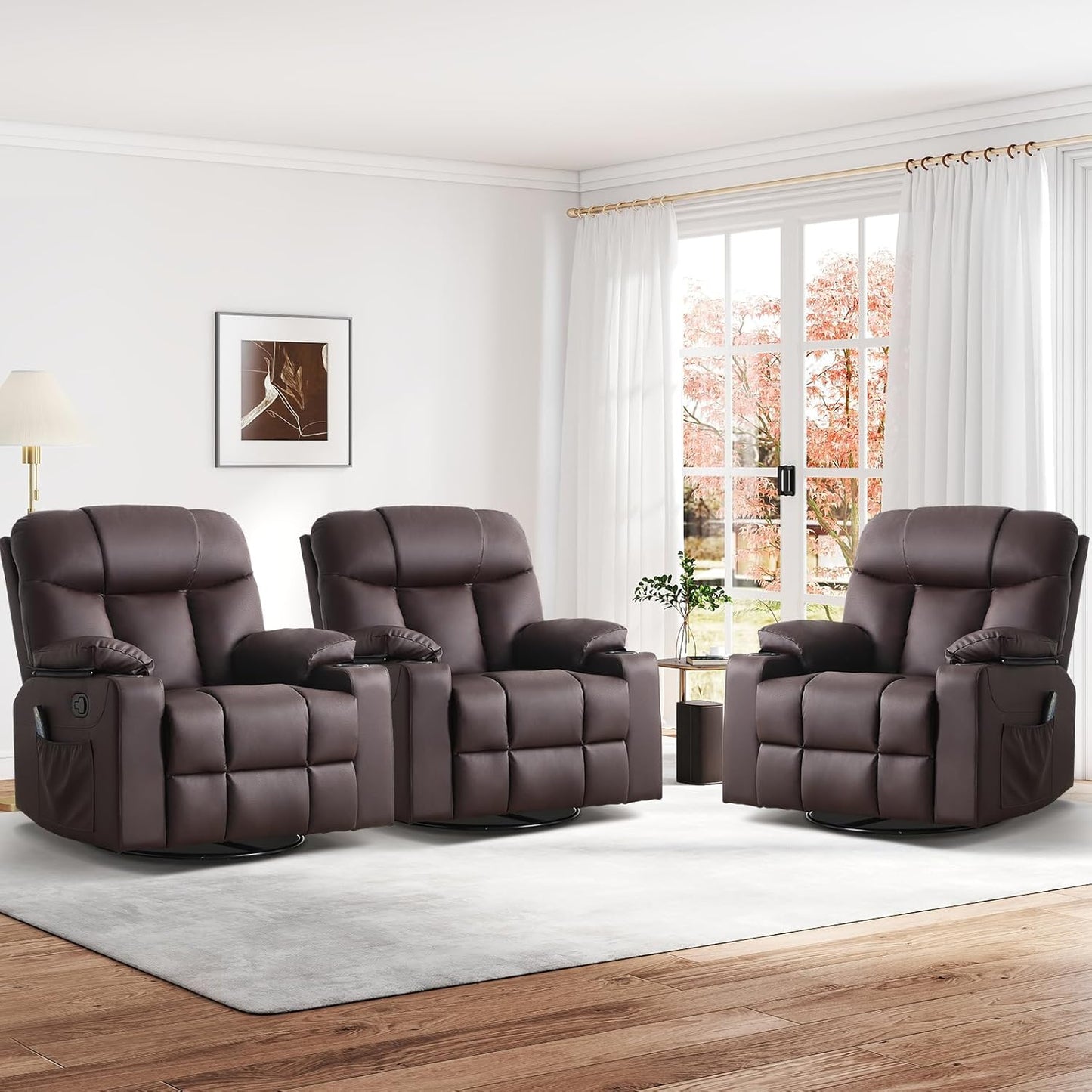 ANJ Swivel Rocker Recliner Chair Set of 3, Brown PU Leather, Manual 3-Position Reclining with Massage & Heat, Cup Holders for Living Room