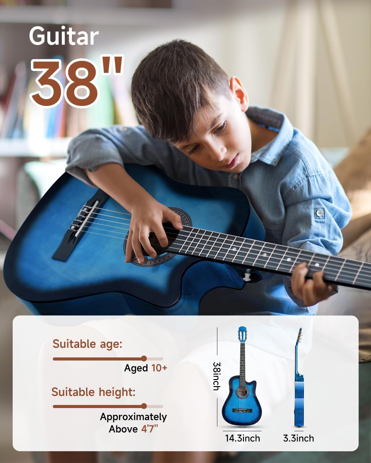 Moukey 38" Acoustic Guitar for Beginners Kids Youth Adult Cutaway Guitarra Acustica Kit with Chord Poster, Gig Bag, Tuner, Picks, Nylon Strings, Capo, Strap - Blue