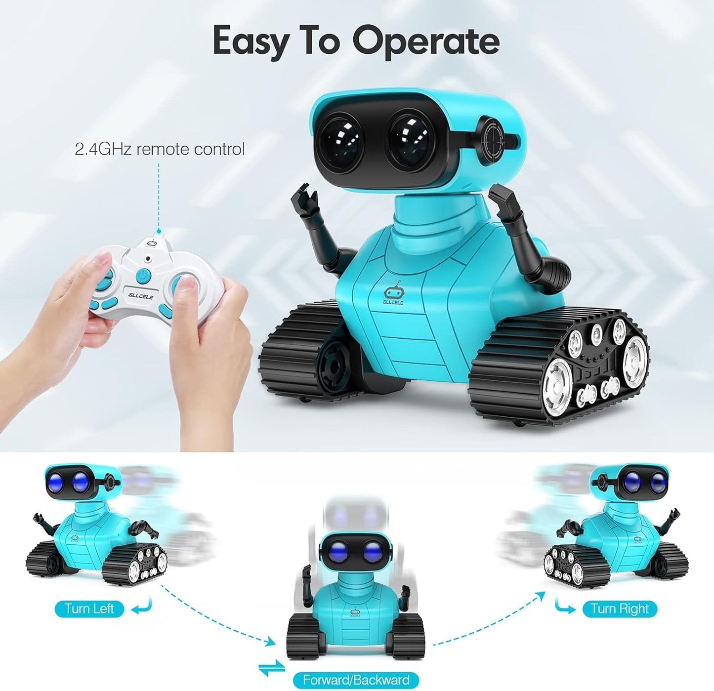 ALLCELE Robot Toys, Rechargeable RC Robots for Kids Boys, Remote Control Toy with Music and LED Eyes, Gift for Children Age 3 Years and Up - Blue