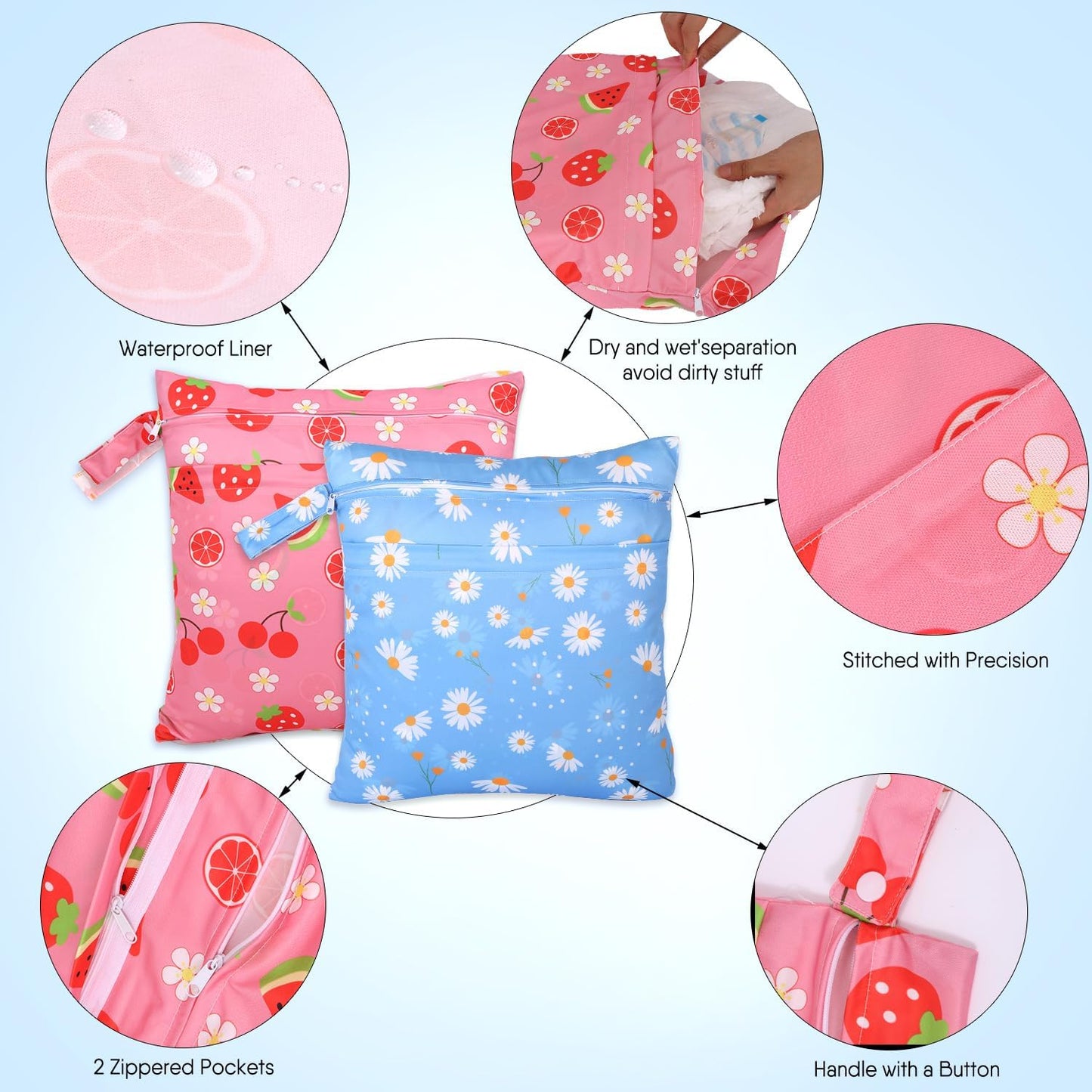 2pcs Cloth Diaper Wet Dry Bags, Waterproof Reusable Wet Bag with 2 Zipper Pockets & Handle, Washable Laundry Bags for Baby Adult Clothes Travel Beach Pool Daycare Yoga Gym Exercise Swimsuits,