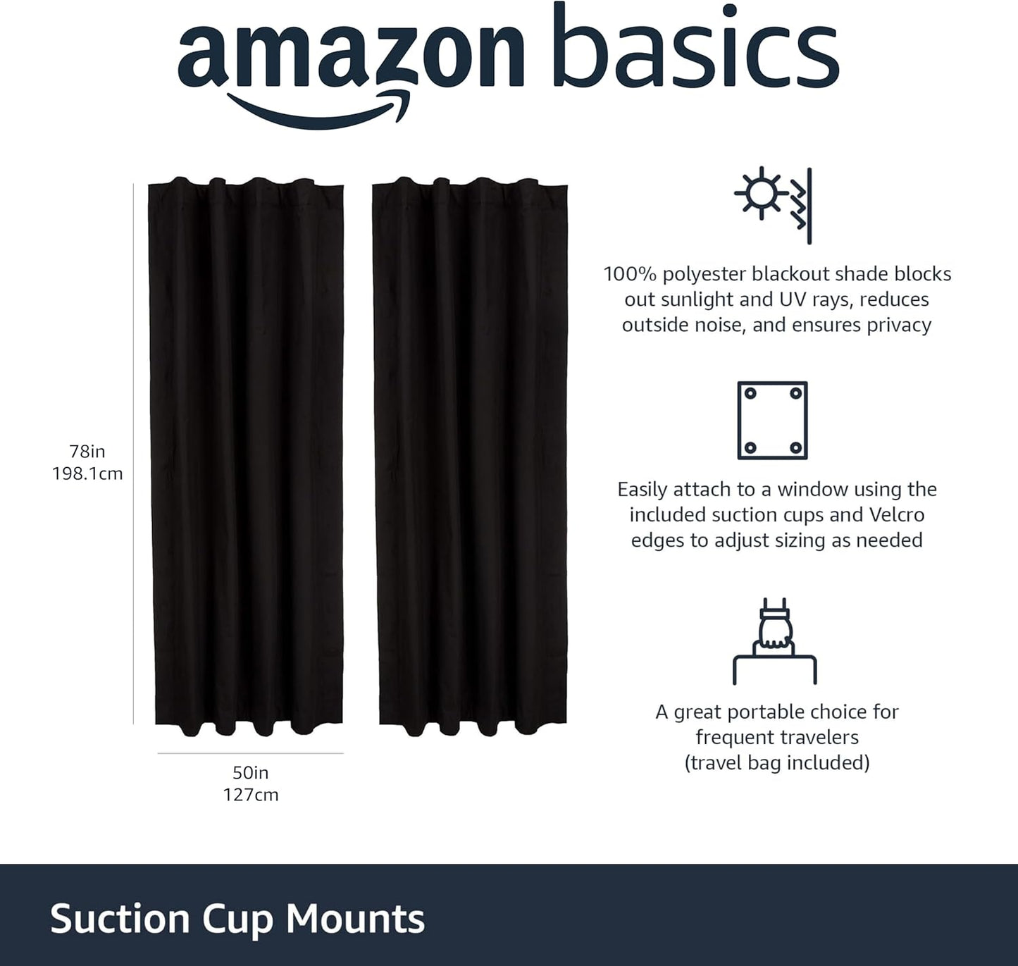 Amazon Basics Portable Blackout Curtain Shade with Suction Cups, 50"W x 78"L, 2-Pack, Black