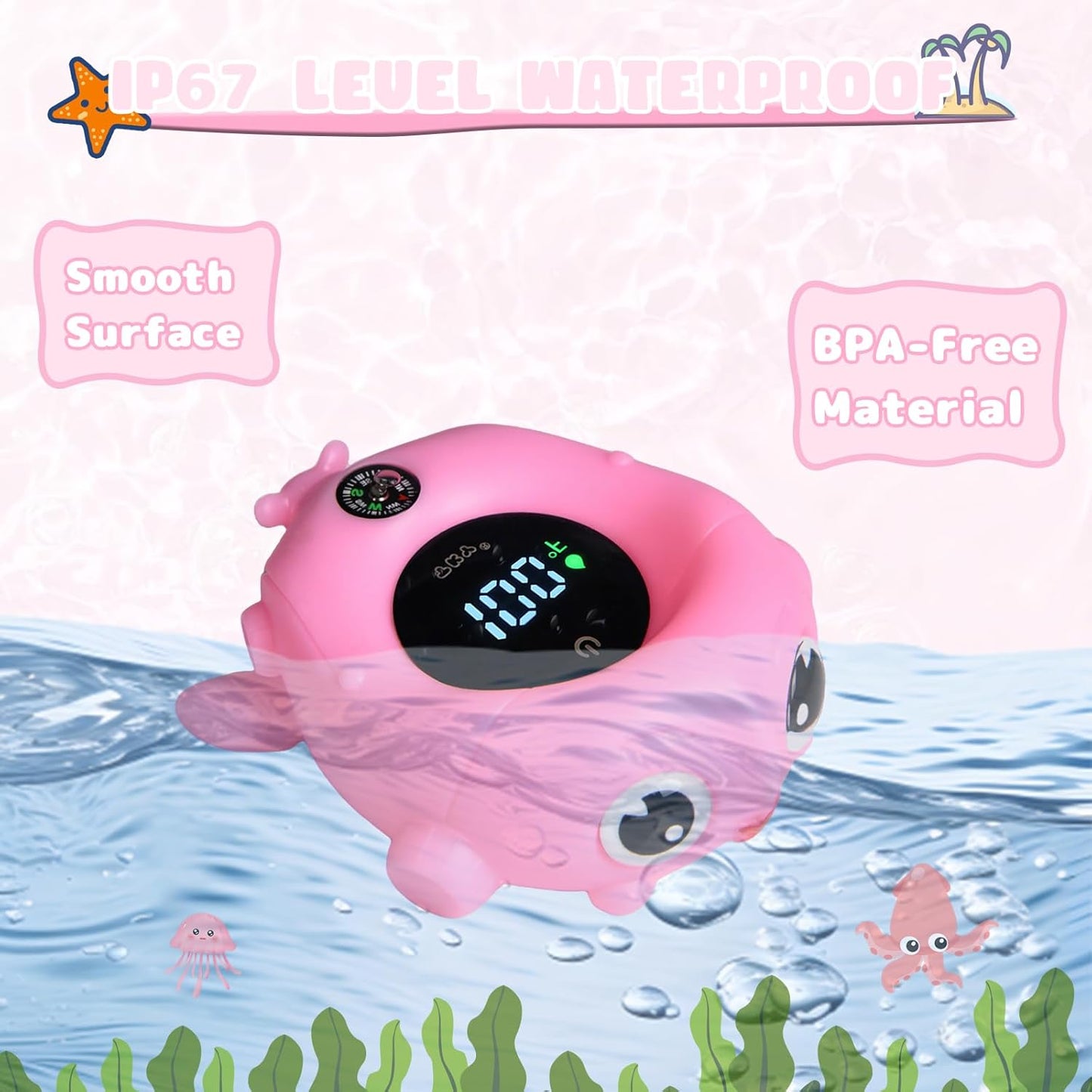 TKY Baby Bath Thermometer with Floating Toys - Digital Water & Room Temperature Monitor, Rechargeable Thermometer with Alerts for Newborn Bath Essentials, Infant Safety
