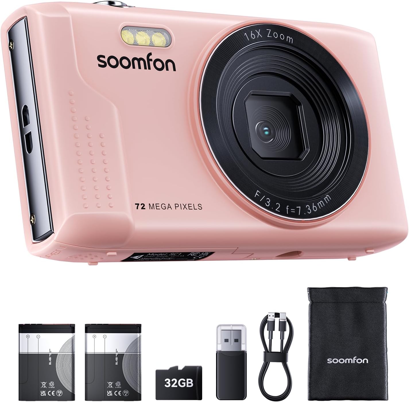SOOMFON Digital Camera - Max 72MP Point and Shoot Kids Cameras with 16X Zoom, 32G TF Card, 2 Batteries and Card Reader, Compact Pink Digital Camera for Kids Teens Beginners
