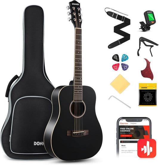 Donner Acoustic Guitar for Beginner Adult 36'' Dreadnought 3/4 Size Black Guitar Bundle Package Kit Travel, Spruce Wood With Gig Bag Capo Tuner Strap String Guitar Picks DAG-1MB/DAT-110D
