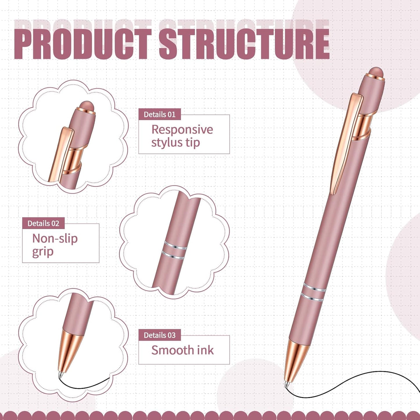 8 Pieces Ballpoint Pen with Stylus Tip Black Ink 2 in 1 Stylus Metal 1.0 mm Medium Point Smooth Pen Rainbow Colorful Rubberized Ballpoint for Touch Screen Tablet(Rose Gold)