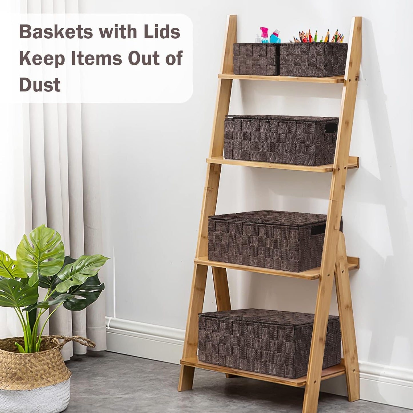 Storage Bins Baskets for Organizing with Lids, Storage Baskets for Shelves Stackable Woven Basket, Gift Small Basket Storage Cubes, Decorative Wicker Basket with Built-in Handles (5 Pack, Brown)